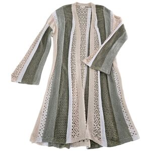 POL Open Front Crochet Cardigan SZ S Olive & Cream
